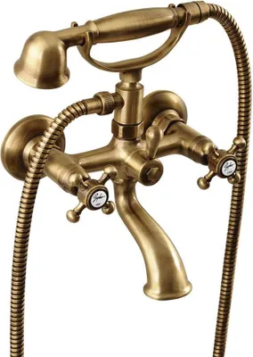 A close-up studio shot of a vintage-style bathtub faucet with a handheld showerhead.