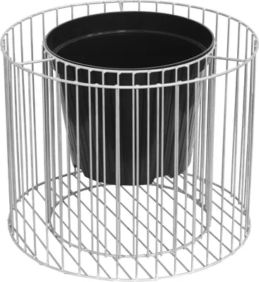A black plastic pot inside a silver wire cylindrical planter.