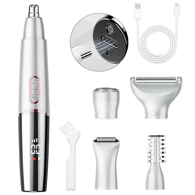 Produktbild von 5-in-1 Elektrischer Trimmer für Damen, mit USB-Ladung, wasserdicht, für Nasenhaare, Augenbrauen, Achseln, Intimbereich, mit 5 Aufsätzen, weiß