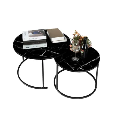 Produktbild von 2er Set Couchtisch Kaffeetisch Satztisch Beistelltisch Ø70 x 45 cm+ Ø50 x 38cm Schwarz