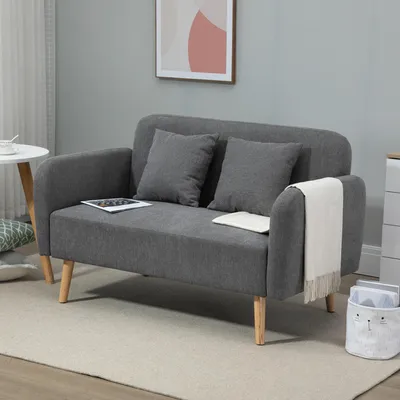 Produktbild von 2-Sitzer-Sofa Samtoptik mit 2 Kissen, Loveseat Couch Polstersofa, Gummiholzbeine, Grau-Natur | 130x70x80 cm | bis 220 kg | Sitztiefe 56 cm