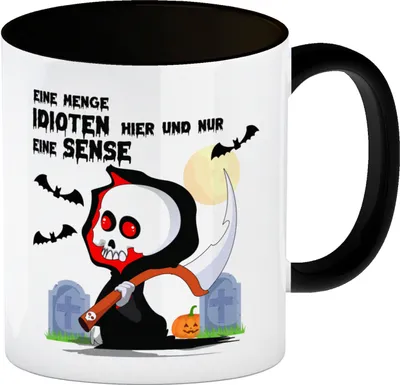 Produktbild von Sensenmann Halloween Kaffeebecher in schwarz mit Spruch