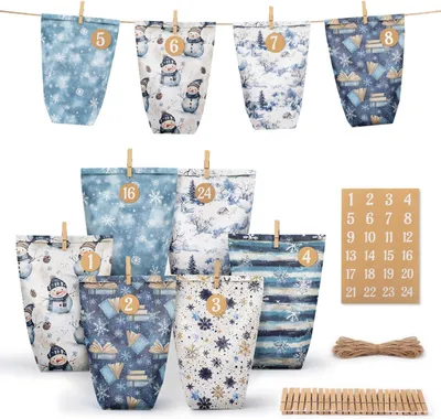 Produktbild von DIY-Adventskalender zum Befüllen – 24 Weihnachtskalender-Geschenksäcke zum Selbstbefüllen mit Nummernaufklebern – Holzklammern und Jutegarn