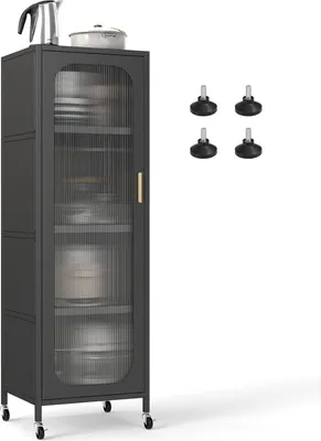 Image de Armoire de cuisine haute en métal avec étagères réglables, noire