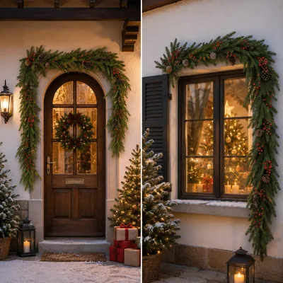 Produktbild von Eikuavons Künstliche Weihnachtsgirlande, 1.8 m, Norfolk-Tannenoptik, mit Weihnachtsdekoration, für Tür Fenster Treppe Kamin Geländer, KI-generiertes Bild