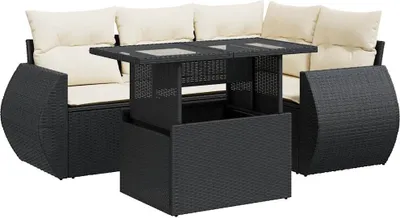 Produktbild von Gartenmöbel-Set, 5-tlg. Loungesofa mit Stauraum, verstellbarem Tisch, Poly Rattan Schwarz, Cremeweiße Kissen, abnehmbare Bezüge, UV-beständig