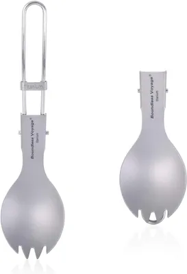 Image de Cuillère-fourchette pliante en titane, 2 en 1, légère, 17 g, idéale pour les activités de plein air, le camping, la randonnée et la pêche