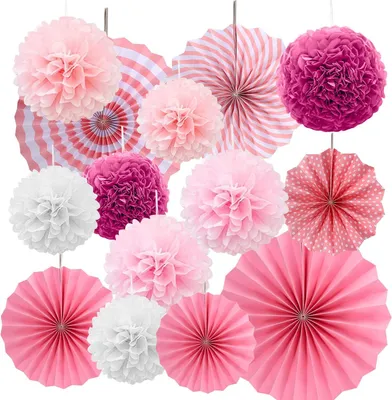 Image de Décorations de fête en papier rose - Lot de 14 - Décorations en papier fané - Pompons en papier pour fêtes de mariage, festivals et carnaval