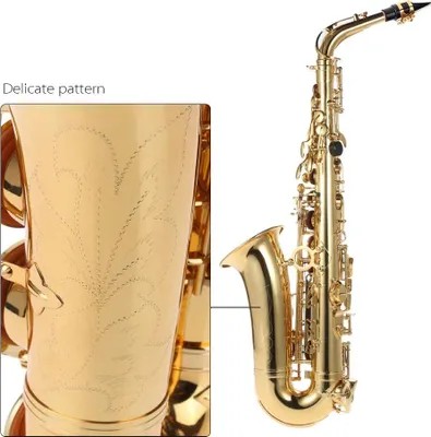 Zdjęcie produktu dla Saksofon altowy Eb, lakierowany na kolor złoty, model 802, instrument dęty drewniany z 802 klawiszami, w zestawie ze szczotką do czyszczenia, ściereczką, rękawiczkami i paskiem oraz wyściełanym futerałem