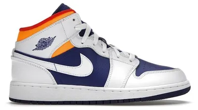 Image de Jordan 1 Mid, coloris Blanc, Orange Laser, Bleu Royal profond (taille enfant/adolescent) - Pointure européenne 38,5