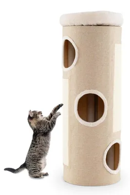 Obrázok produktu pre Kratšie škrabadlo pre mačky, veľkosť XXL, 113 cm, s 3 skrýšami a odnímateľnou plyšovou podložkou, farba: béžová