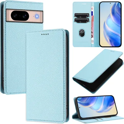Produktbild von Litchi Leder Handyhülle für Google Pixel 8A Wallet Kartenfächer Standfunktion Hülle Hellblau