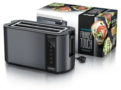 A gray toaster with a box of the same product in the background.