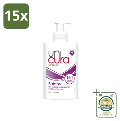 Productafbeelding van 15 x Unicura Antibacteriële vloeibare zeep, Balance - 250 ml - Voorraadverpakking - 15 stuks