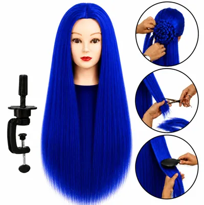 Immagine prodotto di Testina per acconciature Iza 80cm blu con capelli termici e morsetto per parrucchieri, Immagine generata dall'IA