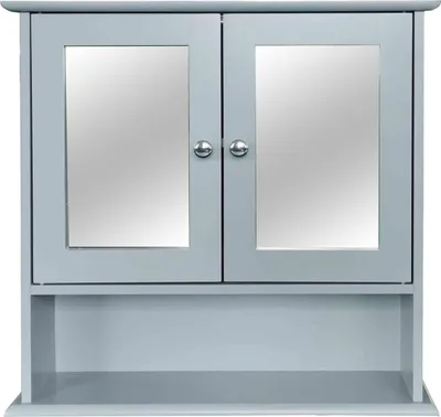 A front view of a gray medicine cabinet with two mirrored doors and a shelf below.
