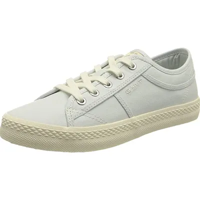 A single light blue sneaker with cream laces and sole is shown against a white background.