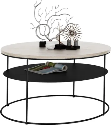 Zdjęcie produktu dla Okrągły Stolik Kawowy z Półką Salon Loft Metal 75x75x43 Czarny+Dąb Sonoma