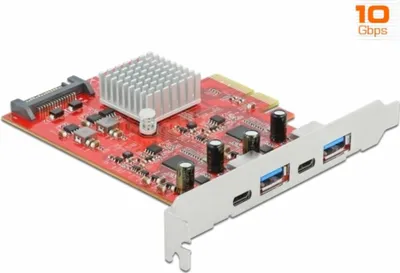 Produktbild von DeLOCK PCI Express x4 Karte zu SuperSpeed USB 10 Gbps mit 2 x USB Typ-A und 2 x USB Type-C - Dual Channel, PCIe, USB 3.2 Gen 2 (3.1 Gen 2), PCIe 3.0, Passiv, 10 Gbit/s, Windows 10, Windows 8.1