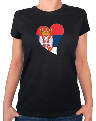 Produktbild von Huuraa Damen T-Shirt Serbien Flagge Herz S Black Bio Baumwolle Fairtrade Damenshirt Geschenkidee