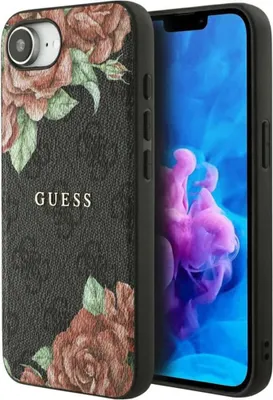 Produktbild von Guess 4G MagSafe-Hülle mit Blumenmuster für iPhone 16e, schwarz