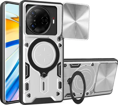 Produktbild von Handyhülle für Tecno Camon 30 Pro 5G Dual-Layer Stoßfest Rüstung Hülle mit Dia Kameraschutz und Kreisförmig Ring Ständer Silber