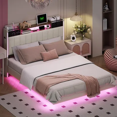 Image de OKWISH Lit avec rangement 140 x 200 cm - Tête de lit rembourrée - Sans matelas - Beige