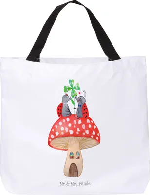 Produktbild von Mr. & Mrs. Panda Tote Bag Marienkäfer Fliegenpilz - Weiß - Geschenk, Schultasche, Tasche, Haus, Beutel, Fleigenpilzhaus, Strandtasche, Reisetasche, Wohnung, Tiermotive