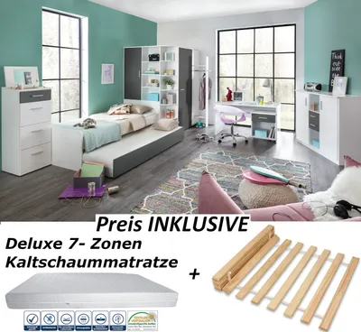 Produktbild von Jugendzimmer Joker Weiß Anthrazit 10 teiliges Komplett Set INKLUSIVE Lattenrost und Deluxematratze, Jugendzimmermöbel, Kinderzimmer