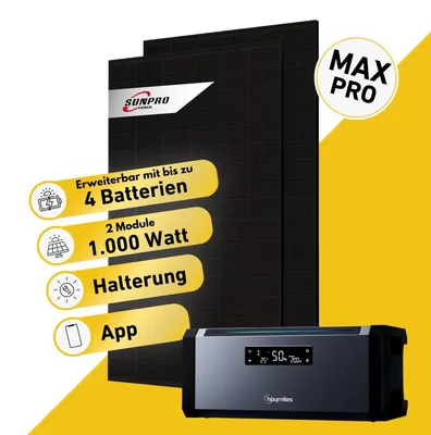 Produktbild von Balkonstrom Balkonkraftwerk 1000W Solaranlage mit Speicher | Biberschwanzdachhalterung | 2xSolarmodul Bifazial | Hoymiles AC1920 | Kabel 10m