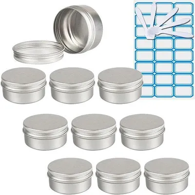 Productafbeelding van 10 Stuks Lege 80ml Ronde Zilveren Aluminium Tins met Schroefdop, Perfect voor Cosmetica, Kaarsen, Zalf, Inclusief 5 Spatels en 1 Label