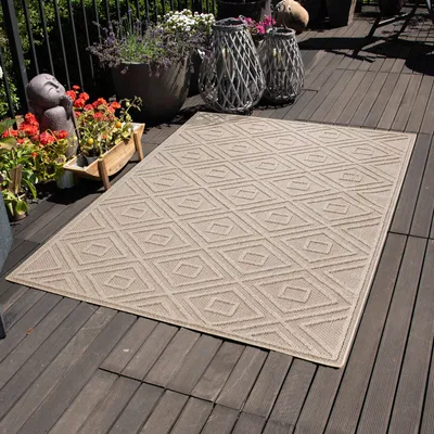 Zdjęcie produktu dla Dywan wewnętrzny i zewnętrzny,,z wzorem rombów idealny do kuchni,na balkon,taras,do ogrodu lub salonu,Rozmiar: 80 x 150 cm,Kolor: Beżowy-6