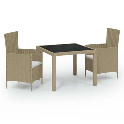 Immagine prodotto di set da pranzo da giardino 3 pezzi con cuscini in poly rattan beige