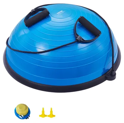 Produktbild von VEVOR Halb-Übungsball-Trainer, 23 Zoll Balanceball-Trainer, 300 kg Tragfähigkeit Stabilitätsball, Yoga-Ball mit Widerstandsbändern und Pumpe, Kraft-Fitnessball für das Home Gym, Ganzkörper-Workouts, Blau, Blau-a, Welliges Muster