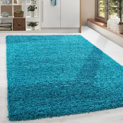 Produktbild von Teppich Shaggy Hochflor Einfarbig Design Langflor Wohnzimmer, Farbe: Türkis, Grösse: 200 cm Rund