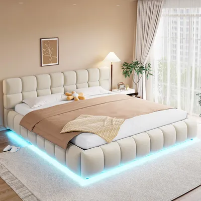 Produktbild von Polsterbett 180 x 200 cm mit Lichtleiste, voluminösem Kopfteil und Bettseiten, hydraulischer Staufunktion, Doppelbett, Samtstoff, Beige