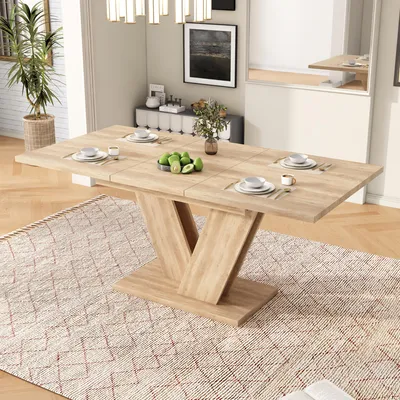 Image de Table à rallonge Flieks 140-180x80x74,5 cm, table de cuisine rectangulaire pour 4-6 personnes, table de salle à manger avec pieds en V, finition naturelle