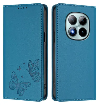 Produktbild von Lederhülle für Xiaomi Redmi Note 15 Pro+, Schmetterling Prägung Leder Brieftasche Schutzhülle mit Ständer Blau