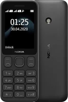 A black Nokia 125 feature phone is shown from the front and back.