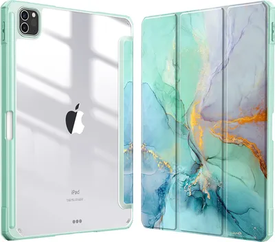 Produktbild von Fintie Hybrid Hülle für iPad Pro 11 2022/2021 (3./4. Generation) mit Stifthalter - Stoßfeste Schutzhülle mit transparenter Hartschale auf der Rückseite für iPad Pro 11 2020/2018, Smaragd Marmor