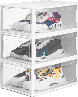 Immagine prodotto di Set di 3 scatole per scarpe Yorbay, per scarpe fino al numero 48, organizer per scarpe impilabile, scatola in plastica con sportello trasparente, 37 x 26 x 16 cm, bianco