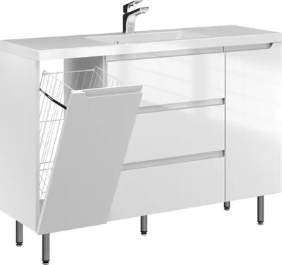 Produktbild von FURNI Waschtischunterschrank ETH 120 - Weiß Hochglanz - Stehender Badschrank mit Mineralguss-Waschbecken - Griffmulden - Vormontiert
