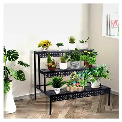 Produktbild von 3-stufige Metall-Blumentreppe, Pflanzentreppe, Pflanzenregal für Garten, Balkon und Innenbereich, multifunktionales Blumenregal in Schwarz