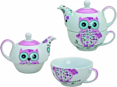 Produktbild von Teekanne mit Tasse Eulen Dekoration weiß bunt Keramik