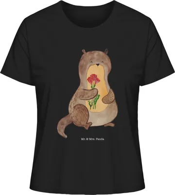 Produktbild von Mr. & Mrs. Panda Kurzarmshirt Damen Otter Blumenstrauß Größe S - Schwarz - Geschenk, Seeotter See, Süß, Basic T-Shirt, Shirt, Oberteil, Niedlich