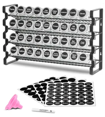 Productafbeelding van VEVOR 4-laags kruidenrek, kruidenhouder met 36 lege kruidenpotjes, frame, etiketten en trechter – complete set, kruidenorganizer voor keukenkastjes en voorraadkasten (463 x 118 x 282 mm)