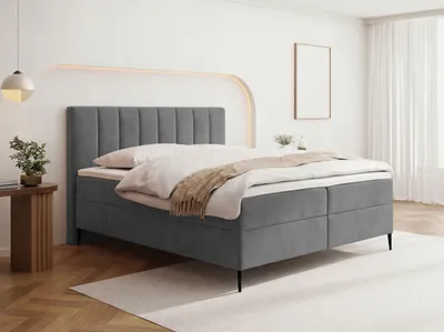 Produktbild von Boxspringbett mit Bettkasten – Polsterbett 160 x 200 cm mit H4 Taschenfederkern 7-Zonen Matratze & 5 cm Topper – Stauraumbett mit hohem Kopfteil & Metallfüße – Samt Velours Grau