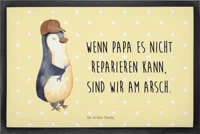 Produktbild von Mr. & Mrs. Panda fußmatte Wenn Papa es nicht reparieren kann, sind wir am Arsch 40 x 60 cm - Gelb Pastell - Geschenk, Fußabtreter, Eingangsteppich, Pinguin, Vatertag, Dad