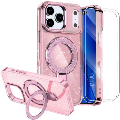 Image de Coque + 2 Verres Trempés pour iPhone 17 Pro, Protection Silicone Souple et PC avec Cercle Magnétique - Rose