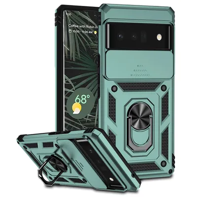 Immagine prodotto di Custodia per Google Pixel 6 Pro a doppio strato con copertura scorrevole della fotocamera e supporto ad anello verde